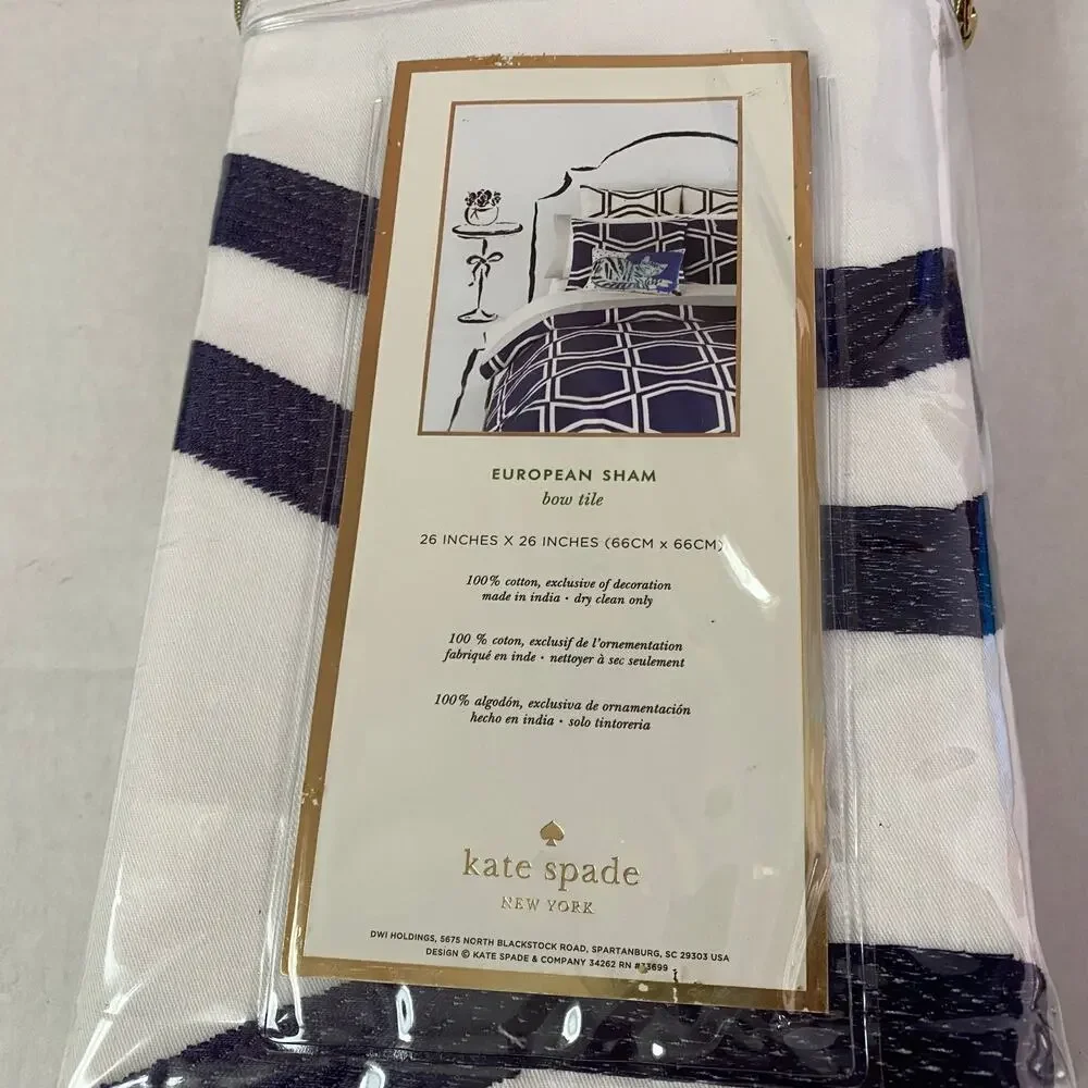 Kate Spade Bow Tile European Sham White Navy Blue Cotton Pillow Cover Single NIP